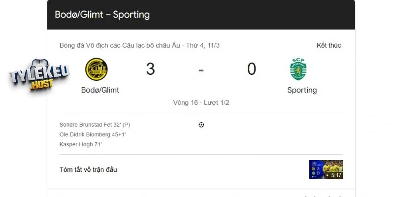 Kết quả đối đầu giữa Sporting CP vs Bodo Glimt